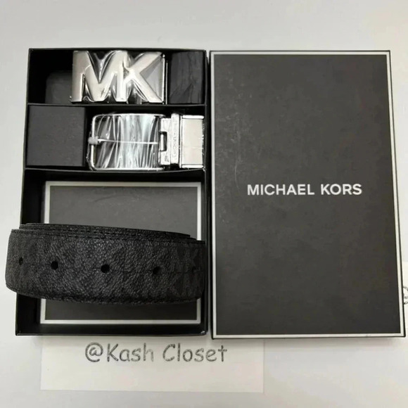 Michael Kors Mens Belt Set 4 in 1 Reversible MK Signature Gift Box Black - Picture 1 of 7